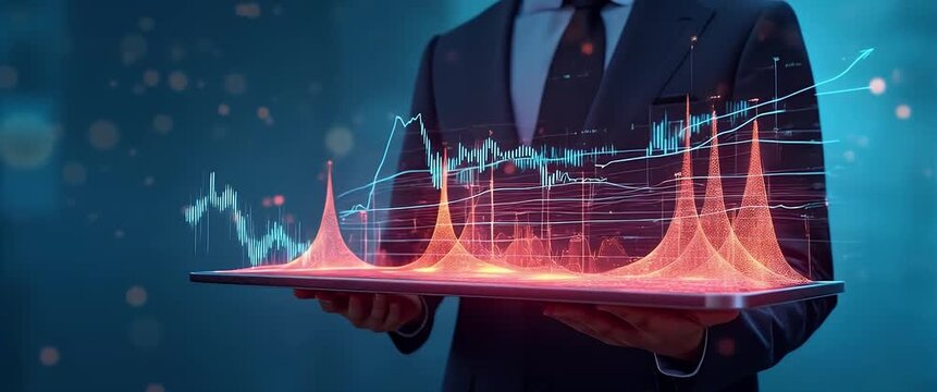 Business professional holds a digital tablet displaying dynamic data visualizations, while the camera slowly pans, and city lights softly flicker, creating a futuristic, cinematic atmosphere.