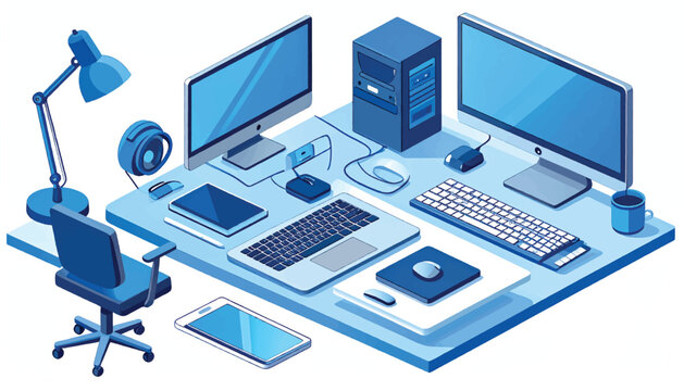 Isometric Office Equipment Set Laptop Monitor Keyboard Mouse Headset Docking Station - Vector Illustration