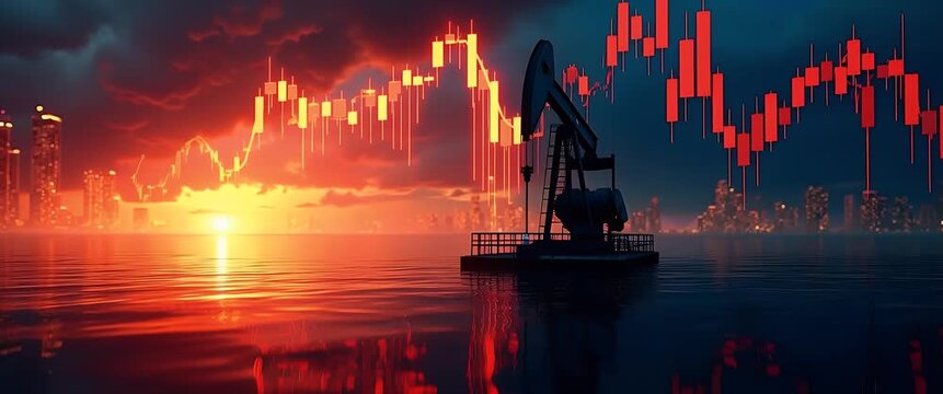 Oil rig gently pumps against a sunset city skyline, slow camera pan reveals flickering lights and dynamic stock market graph, cinematic and dramatic for finance and energy themes.
