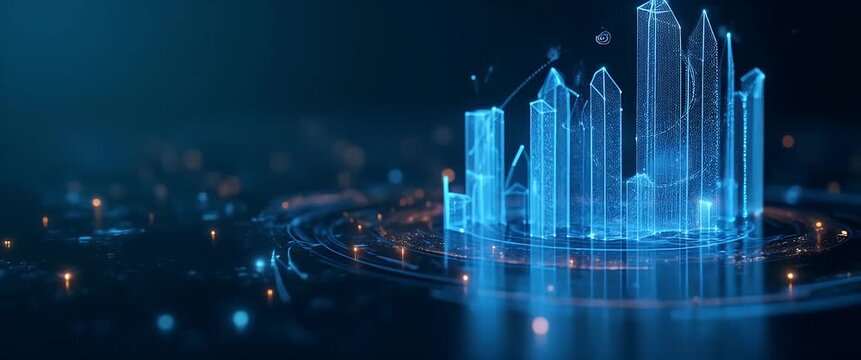 Futuristic digital graphs rise dynamically amidst glowing data points, with a slow cinematic pan and ambient light flicker, illustrating advanced technology and business growth trends.