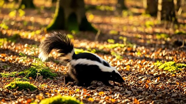 Skunk Walking Through Woodland Forest Floor