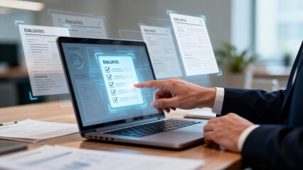 Person interacting with digital evaluation interface