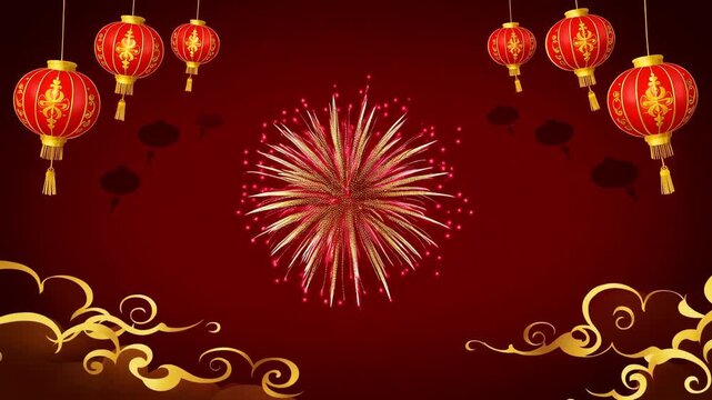 Lunar New Year 2026  background with swaying traditional lanterns, golden clouds and looping fireworks in deep red flat 2D animation