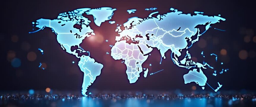 Glowing world map with gentle ambient motion; camera slowly pans across a futuristic digital landscape, highlighting global connectivity in a cinematic, tech-inspired style.