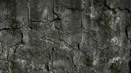 Obraz premium Dark cracked concrete wall texture with natural weathering and moss,ideal for backgrounds,grunge design,construction material,or aged building surface