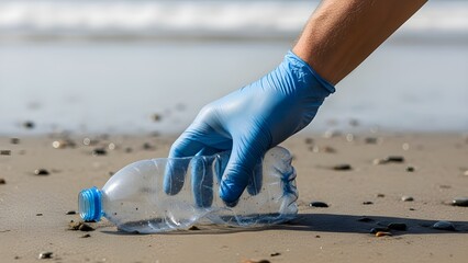 Volunteer Man Collecting Trash on Beach, Coastal Cleanup and Environmental Protection Concept, Sustainability, Ocean Pollution Awareness and Ecology Campaign