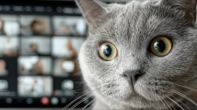 Close-up of a curious gray cat with wide eyes looking into the camera, set against the blurred background of a video conferencing screen with multiple participants, suggesting a work-from-home.