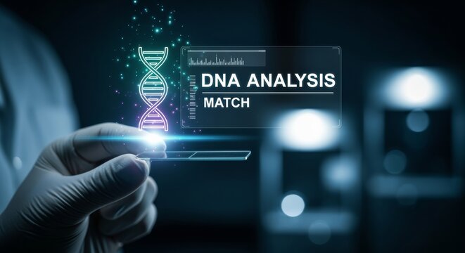 Scientist holding transparent glass displaying holographic DNA double helix and analysis match text, visualizing genetic biotechnology research, medical data innovation, and biology science concept. - Powered by Adobe