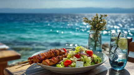 A plate of grilled skewers and salad on a table overlooking the ocean