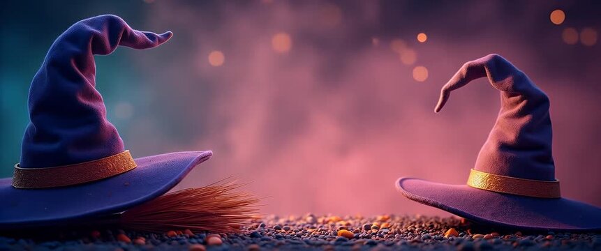 Two whimsical witch hats rest on a pebble-strewn ground as ambient sparks flicker; the camera gently pans across the scene in a dreamy, atmospheric style.