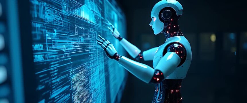 Futuristic humanoid robot interacts with digital screen; slow camera pan reveals dynamic data flows; cinematic style emphasizes technological innovation and AI evolution.