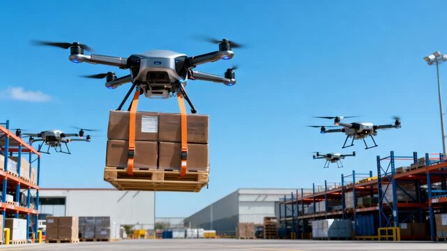 Medium shot of an automated cargo drone smoothly lifting heavy pallets at a logistics hub under clear skies