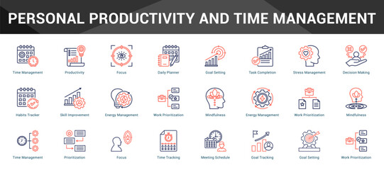 Personal Productivity And Time Management Cohesive set of minimalist vector icons representing key ideas with visual clarity