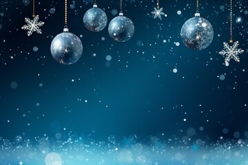 Blue christmas background featuring sparkling holiday baubles and glittering snowflakes