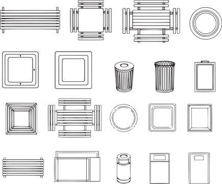 An architectural set of drawing urban landscape with multiple different objects isolated in white background. 