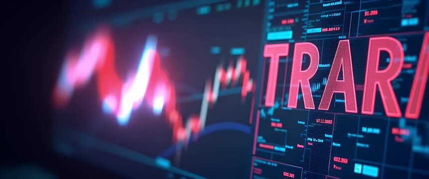 Dynamic stock market graphs pulse vibrantly on a digital screen, as the camera smoothly pans across, capturing the cinematic ebb and flow of financial data in a modern, high-tech style.