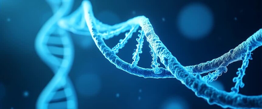 Glowing DNA strands twist gently in a cinematic, blue-hued scientific background as the camera slowly pans, highlighting genetic research and biotechnology innovation.
