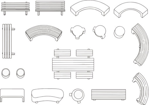 Elevated view of a comprehensive park benches, designed to capture the essence of outdoor seating. Offering a fresh perspective on urban design, this monochrome rendering.