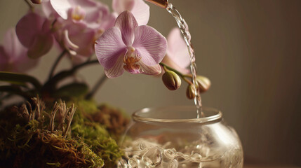 pour water over the orchids in the vase