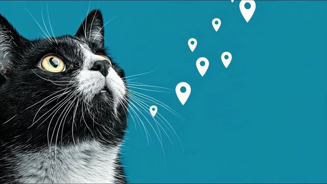 Cat positioned against a bright blue background creating a captivating visual with a sense of calmness and serenity. Curious Cat with Location Icons &ndash; Animated Video Version