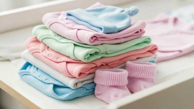 Close-up of a pile of baby clothes (clean and soft) resting on a changing table for donation 