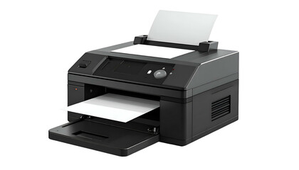 Angled shot of a black office printer with a paper tray. Output and input loaded