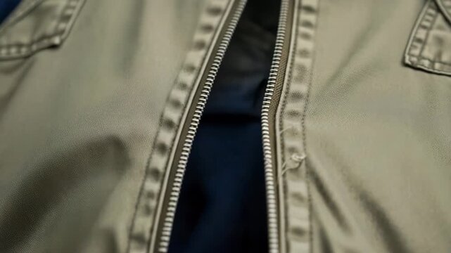 Close-up of a hand gently pulling a zipper down on a donated jacket, preparing it for travel, 