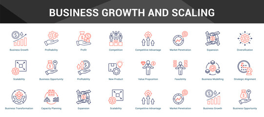 Business Growth And Scaling Cohesive set of minimalist vector icons representing key ideas with visual clarity