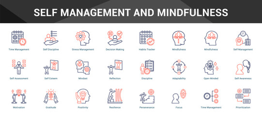 Self Management And Mindfulness Cohesive set of minimalist vector icons representing key ideas with visual clarity