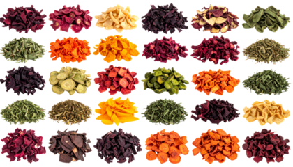 Close-up of various dried vegetable chips arranged in neat rows on a black background