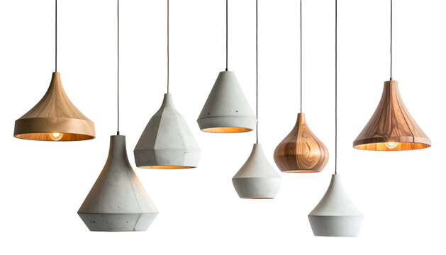 Diverse pendant lights, varying materials, shapes, and textures against a black backdrop
