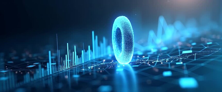 Futuristic digital ring rotates gracefully in a cinematic scene; camera slowly pans over dynamic data visualizations with glowing lines, creating an immersive tech ambiance.