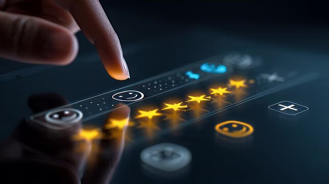 Hand Touching Star Rating Icons on Tablet Screen for Customer Feedback Reviews and Online Product Evaluation in Dark Room