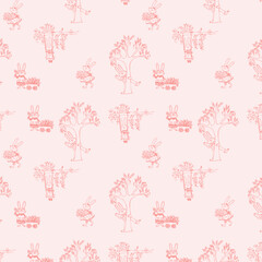 Pattern con graziosi coniglietti in giardino, illustrazione su sfondo rosa