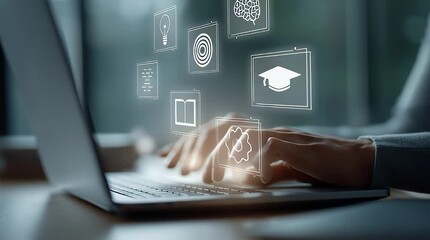 Hands Typing on Laptop with Education Icons Learning Online Studying Digital Knowledge Skill Development Training Course E-learning Concept - Powered by Adobe