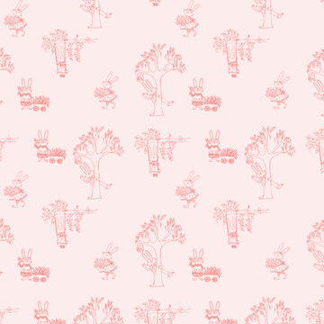 Pattern con graziosi coniglietti in giardino, illustrazione su sfondo rosa