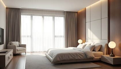 Fototapeta premium Modern Bedroom with Large Window and Soft Lighting, Relaxing Interior Design