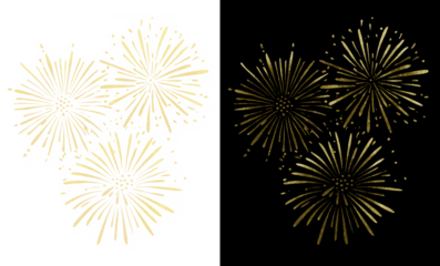 Split illustration with transparent PNG background and black background with three golden fireworks and firework dust. Abstract design element.