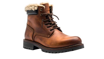 Close-up of a brown leather boot with fur lining, laces, and a rugged sole, on black background