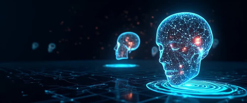 Futuristic digital heads float with glowing networks, as the camera smoothly pans across a grid, creating a cinematic, high-tech ambiance with subtle light flickers in the background.