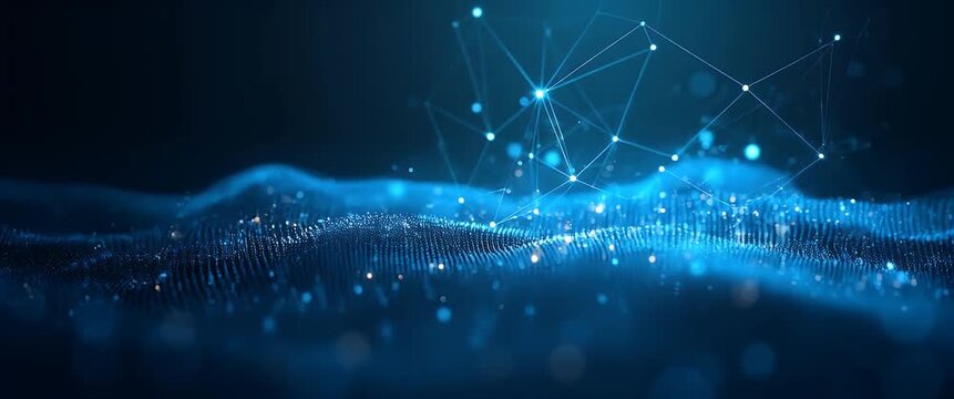 Cinematic digital waveforms gently undulate as the camera slowly pans across a futuristic network landscape, with ambient lights flickering softly, emphasizing technology and innovation.