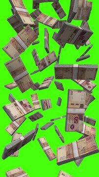 Vertical Tunisian Dinar bills falling on chromakey, TND finance animation