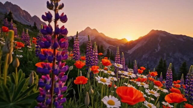Vibrant Mountain Meadow at Sunset Lupine, Poppies, Daisies, Majestic Peaks
