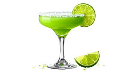 Refreshing green cocktail in a stemmed glass with salt rim and lime garnish
