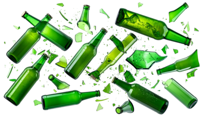 Scattered shards of green glass bottles, some whole, others shattered against a black backdrop