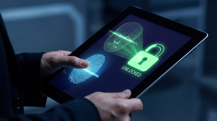 person holding tablet with biometric authentication and unlocked padlock