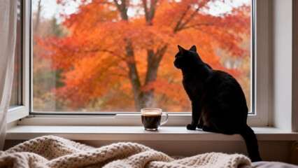 Black cat gazing at autumn leaves by window