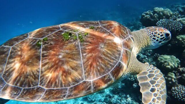 Close-up of a sea turtle swimming gracefully underwater, marine life