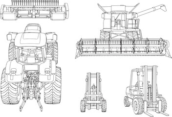 Detailed engineering blueprints offer a unique view of heavy machinery, perfect for illustrating industrial design and agricultural concepts.