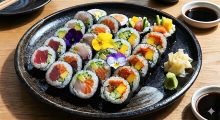 Assorted Sushi Rolls with Colorful Garnishes